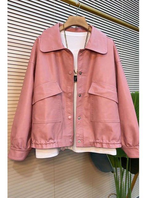 Fat mm Spring and Autumn New Fashion PU Leather Jacket Large Size Women's Loose Slim and Reduce Age Long Sleeve Leather Jacket Top