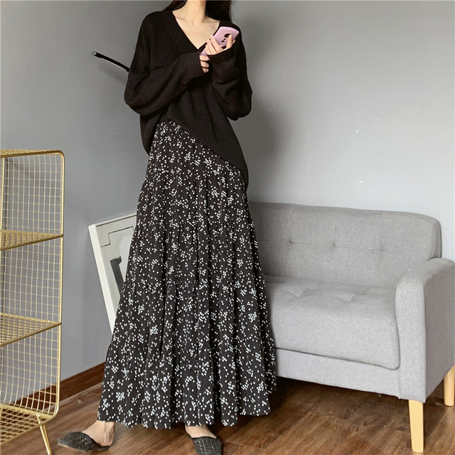 Clothes reading technique covers the skirt A-line skirt Polka dot printed high-waist cake skirt Large swaying autumn and winter to ankle long skirt