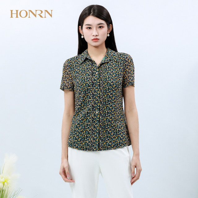 HONRN/Red Man Casual Knitted Cardigan Slim Floral Printed Short-Sleeved Thin Shirt Top Women's Summer Style