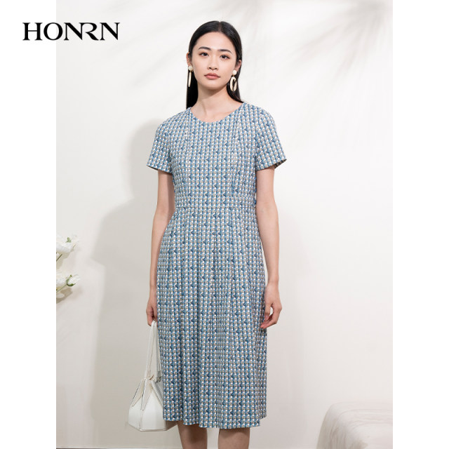 HONRN/Red Elegant Printed Short Sleeve Round Neck Waist Slim Skirt A-line Dress Women's Summer HI22OL481