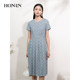HONRN/Red Elegant Printed Short Sleeve Round Neck Waist Slim Skirt A-line Dress Women's Summer HI22OL481