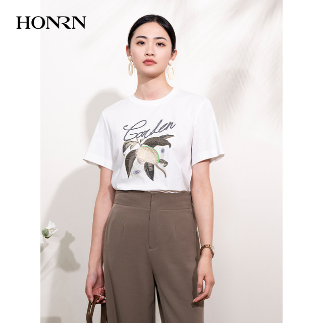 HONRN/Red loose white sequin bead embroidered pure cotton short-sleeved shoulder women's T-shirt summer HI22SY523