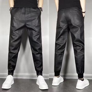 Autumn and winter locomotive leather pants warm and velvet thickened large size windproof men imitating leather PU half -beam loose pants