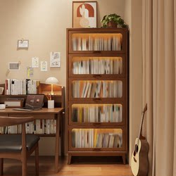 Solid Wood Bookcase with Dustproof Glass Door, Bookshelf Combination Cabinet with Doors, Floor-Standing Home Living Room American-Style Bookcase with a Vintage Feel