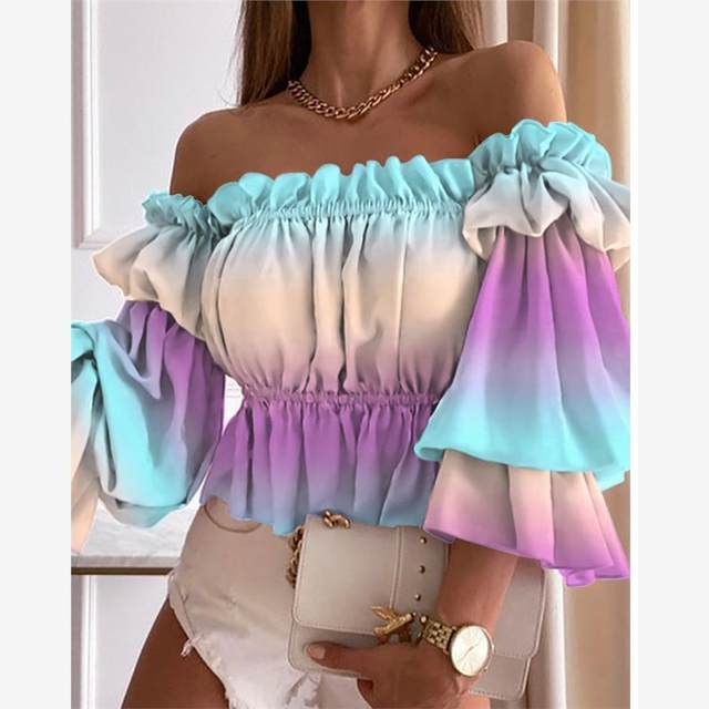 New autumn products sexy one-length neck off-shoulder gradient tie-dye large flower dot print waist-closed long-sleeved shirt short top
