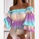 New autumn products sexy one-length neck off-shoulder gradient tie-dye large flower dot print waist-closed long-sleeved shirt short top
