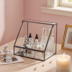 Bronze-Colored Lipstick Storage Box with Lid, Desktop Cosmetics Storage Box, Glass Powder Cake, Eye Shadow, Dust-Proof Drawer-Type Box