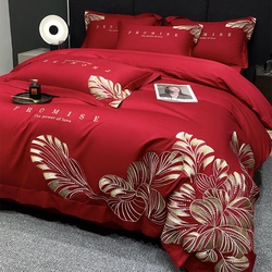 Light Luxury Style 140-count Cotton Wedding Four-piece Set Pure Cotton Big Red Wedding Happy Bedding Dowry Bedding