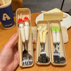 Student Portable Cutlery Set, Solid Wood Chopsticks, Stainless Steel Spoon, Three-Piece Set, High-Quality Fork, Storage Box, Mildew-Proof