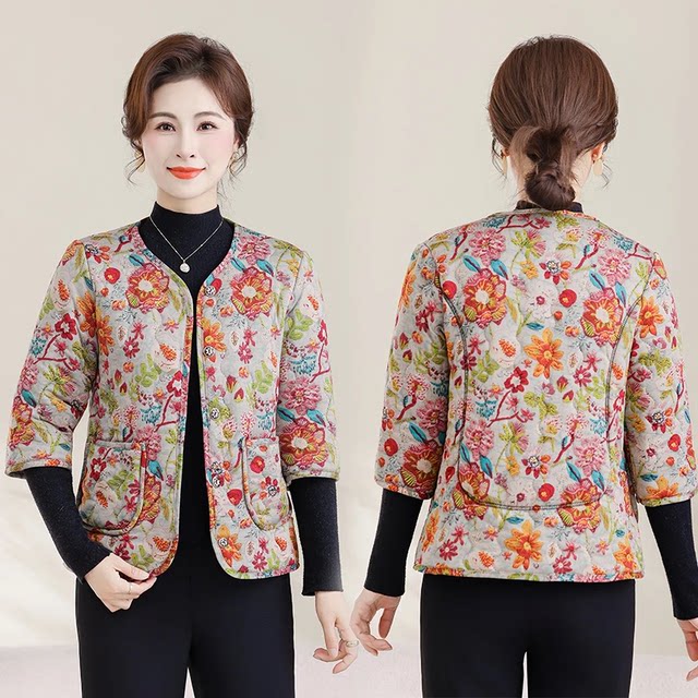 
New autumn and winter style mother-suited vest for women with velvet thickened warm vest for middle-aged and elderly people with mid-sleeved floral camel velvet cotton coat