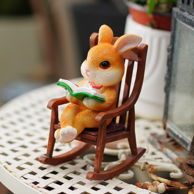 Cute office desktop rabbits reading rocking chair ornaments garden balcony courtyard landscaping potted decoration gift
