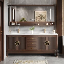 New Chinese-Style Bathroom Cabinet Set with Double Sink, Ceramic Integrated Basin, Oak Wood, 2026 Model