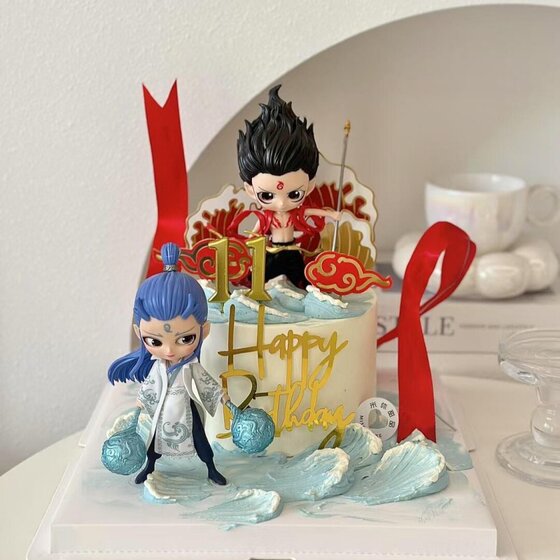 Internet celebrity Nezha Ao Bing cake decoration ornaments children's boy birthday party dessert table decoration plug-in card