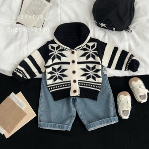 
INS autumn and winter Korean style sweaters for infants and toddlers retro Fair Isle knitted cotton cardigans for men and women baby outing jackets