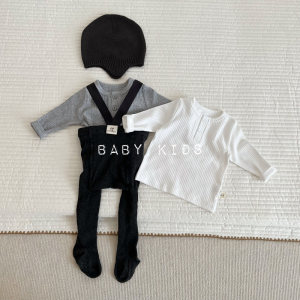 ins Spring and Autumn Men and Women Baby White Round Neck Base Shirt Baby Universal Pit Strip Long Sleeve Gray Top T-shirt
