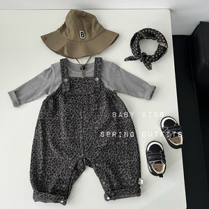 
Baby spring and autumn clothes, autumn baby boy long-sleeved T-shirt, leopard print suspenders suit, two-piece one-piece outing set