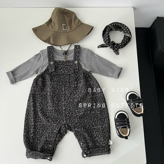
Baby spring and autumn clothes, autumn baby boy long-sleeved T-shirt, leopard print suspenders suit, two-piece one-piece outing set