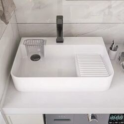 Ceramic Countertop Basin with Washboard, Balcony Washing Machine Side Drain, Bathroom Sink Side Drainage Single Basin
