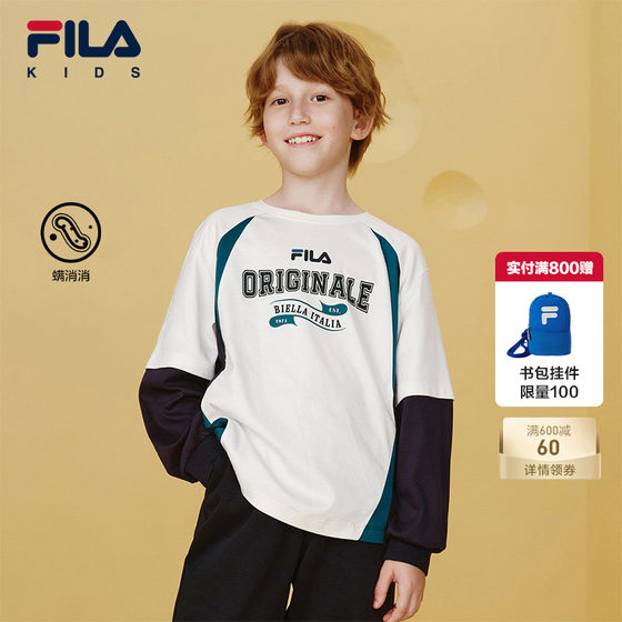 
[Mite elimination] FILA children's long-sleeved T-shirt boys 2025 winter big children's antibacterial fake two-piece tops