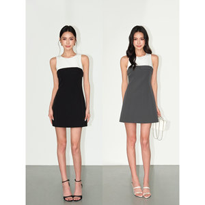 
NEVA HU intellectual beauty high-end contrasting color splicing short skirt women's sleeveless waist A-line dress