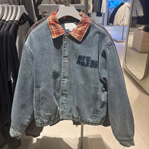 
WLJZWFJTUR2025 winter men's loose lapel patchwork plaid denim cotton coat UUV850054