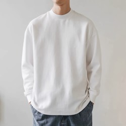 American-Style Small Neckline 300g Heavyweight Xinjiang Pure Cotton Long-Sleeve T-Shirt for Men, Loose Fit, White, High Weight, Inner Layer Base Shirt