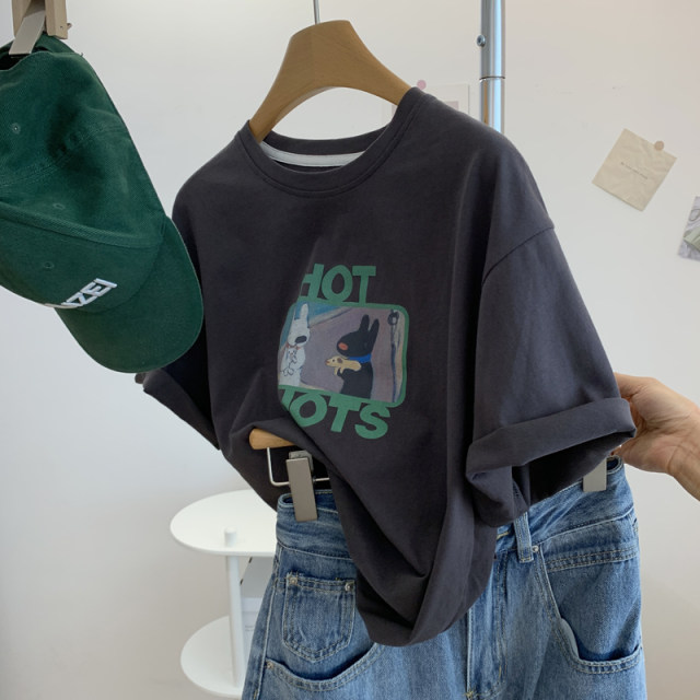 Temperament dark gray contrast letter print cartoon round neck short-sleeved T-shirt for women loose lazy style age-reducing top summer