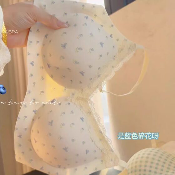 
Korean du! French Floral Seamless Bra for Women, Thin, Gathered, Round Lace Edge, No Wires, Girly Bra
