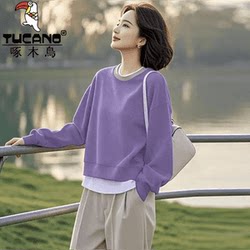 Woodpecker Pure Cotton Fake Two-Piece Pullover Sweatshirt for Women, New Autumn and Winter Style, Loose Fit, Petite, Stylish, Age-Reducing, Versatile Top