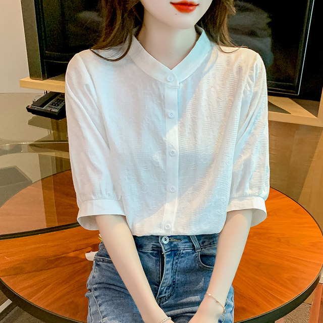 White shirt for women's five-quarter sleeve summer 2025 new French stand-up collar puff sleeve cotton shirt thin short-sleeved top