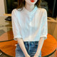 White shirt for women's five-quarter sleeve summer 2025 new French stand-up collar puff sleeve cotton shirt thin short-sleeved top