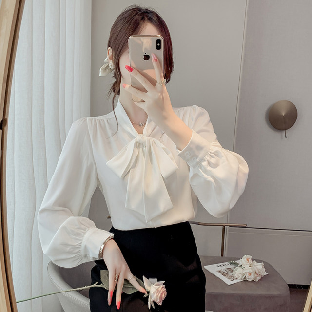 French bow satin shirt for women in spring and autumn new style mature style streamer shirt high-end light luxury top