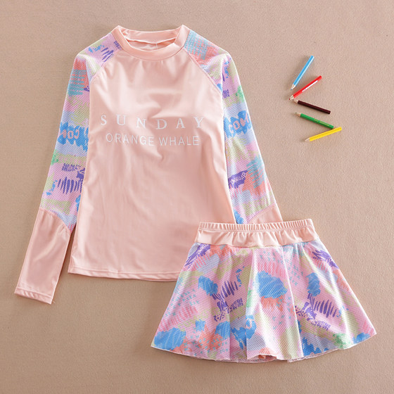 Female children's long -sleeved sunscreen swimsuit children's split skirt leggings Student swimwear 13 girl swimsuit 15 years old
