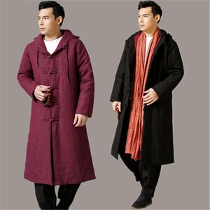 
Chinese style men's cotton linen Tang suit with hooded buckle long gown cotton jacket robe Chinese style couple's cotton jacket