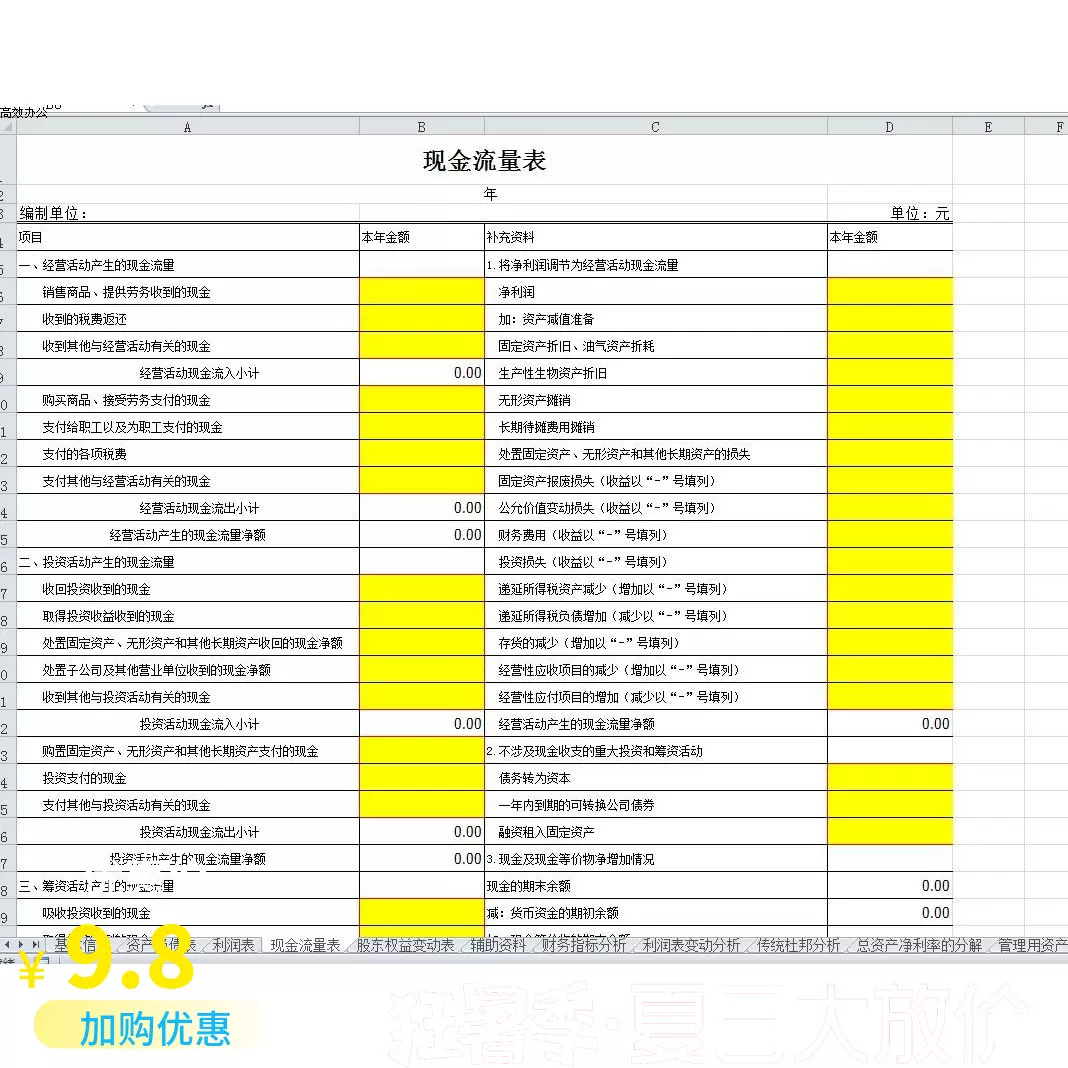 财务会计报表分析Excel模板自动生成现金流量表编制合并财务报表