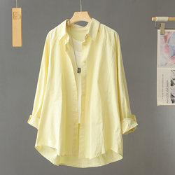 French Style Loose and Relaxed Shirt Tops for Women 2026 Early Spring Mid-Length Pure Cotton Yellow Age-Reducing Shirt