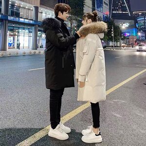 Mid length white duck down down jacket for men and women, fashionable and trendy winter coat, thick hooded cotton jacket