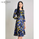 lkbennett temperament oil painting printed dress autumn and winter style new product seven-quarter sleeve round neck waist mid-style style