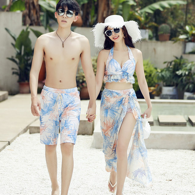 New couple swimsuits, men's beach pants, women's three-piece skirt, split swimsuit, bikini, beach vacation wear
