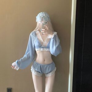 
AYSTUDIO French retro pure lust lace split swimsuit women's long-sleeved boxer conservative bikini for hot spring bathing