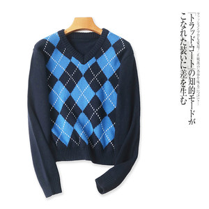 
College Style Sweater Spring and Autumn New Women's V-neck Pullover Long Sleeve Contrast Color Diamond Check Casual Short Sweater 28077