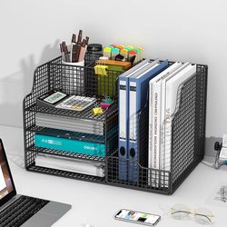 Desk Storage Rack Metal File Rack Document Storage Rack Office Supplies File Storage Box Desktop Bookshelf Multi-Layer Large Capacity File Frame A4 Paper Document Organizer Book Stand