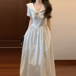 College Style Navy Collar Striped Short-Sleeved Dress for Women, Summer 2026 New High-End Waist-Cinching Elegant Long Dress