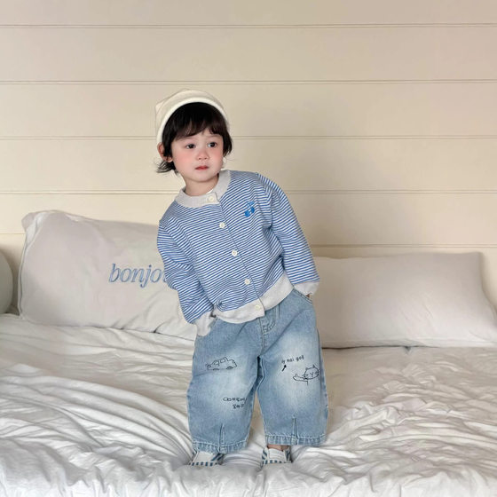 
Baby Spring Clothes 2026 New Korean Style Children's Clothes Children's Spring Clothes Boys Striped Sweater Jeans Suit