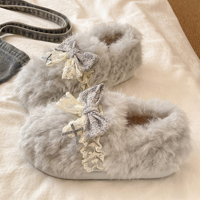 Cotton slippers for women, winter indoor home, warm, non-slip, thick-soled, cute bow bag, plush postpartum cotton shoes