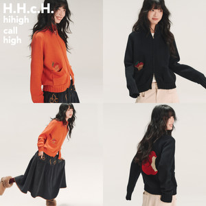 
HHCH Kouhai AW25 hand-painted apple embroidered half turtleneck raglan sleeves knitted jacquard cardigan sweater small jacket
