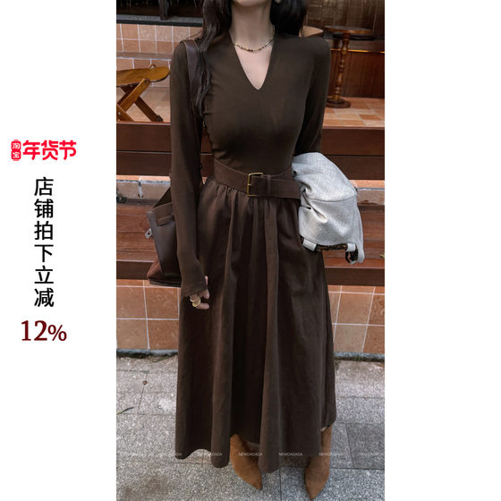 NEW DADADA [Moye] retro khaki long-sleeved dress for women with high waist slim A-line pleated skirt