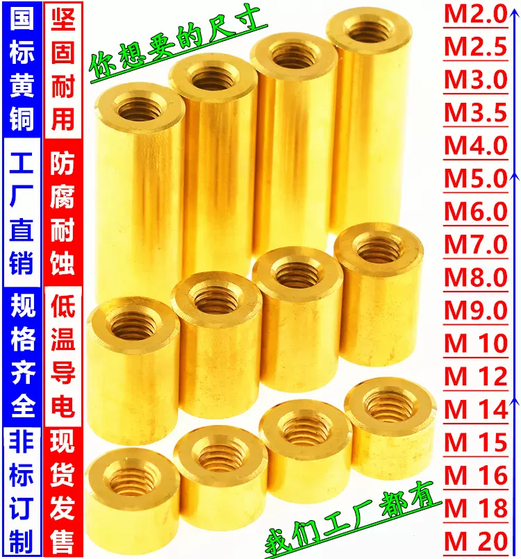 M1.6黃銅圓形銅柱雙通孔全通絲通牙光圓柱加長連接薄扁平螺母螺帽-Taobao