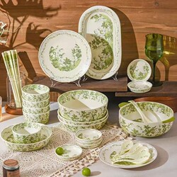 Huadian Lily of the Valley Ceramic Tableware Set for Home Use, Includes Rice Bowls, Noodle Bowls, Soup Plates, Fish Plates, and Vegetable Plates, Suitable as a Gift