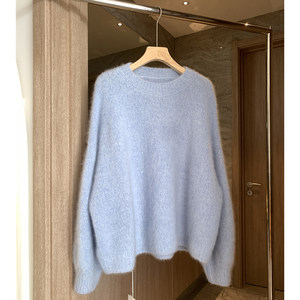 
Soft waxy milk blue gentle wool sweater top for women autumn new style outer wear plush velvet pullover with thin sweater